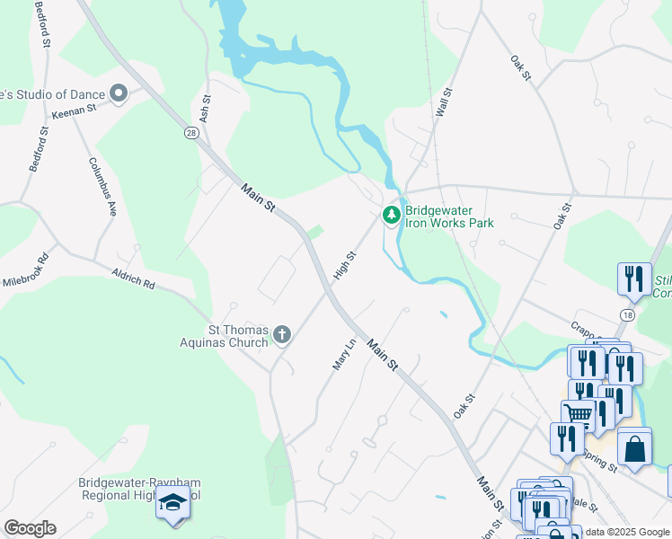 map of restaurants, bars, coffee shops, grocery stores, and more near 463 Main Street in Bridgewater