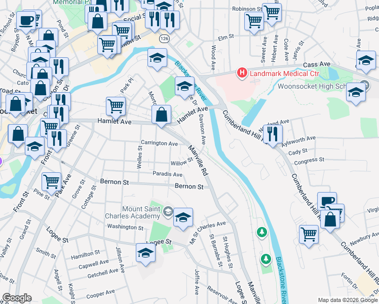 map of restaurants, bars, coffee shops, grocery stores, and more near 558 Willow Street in Woonsocket