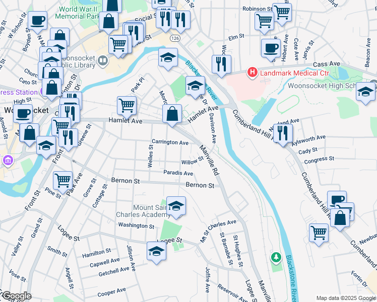 map of restaurants, bars, coffee shops, grocery stores, and more near 558 Willow Street in Woonsocket