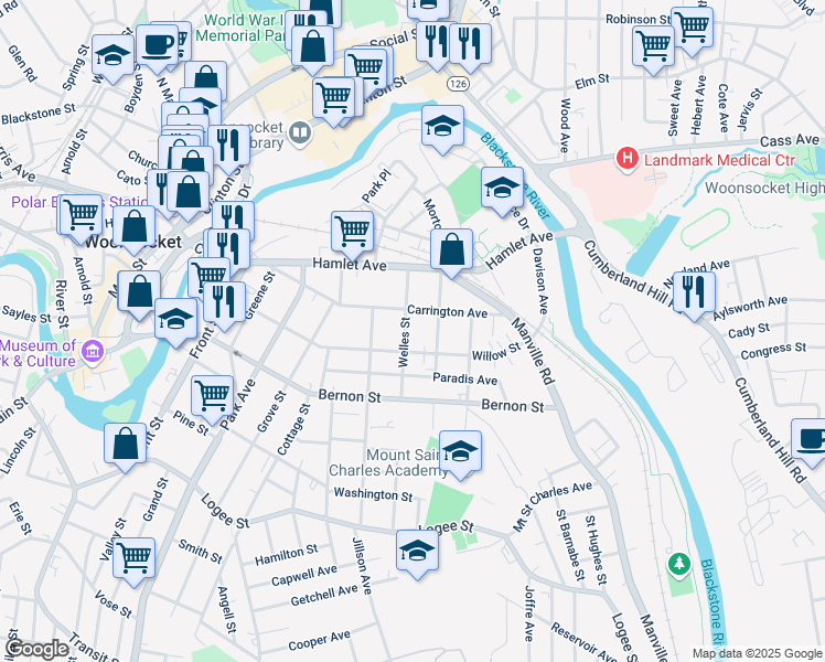 map of restaurants, bars, coffee shops, grocery stores, and more near 384 Willow Street in Woonsocket