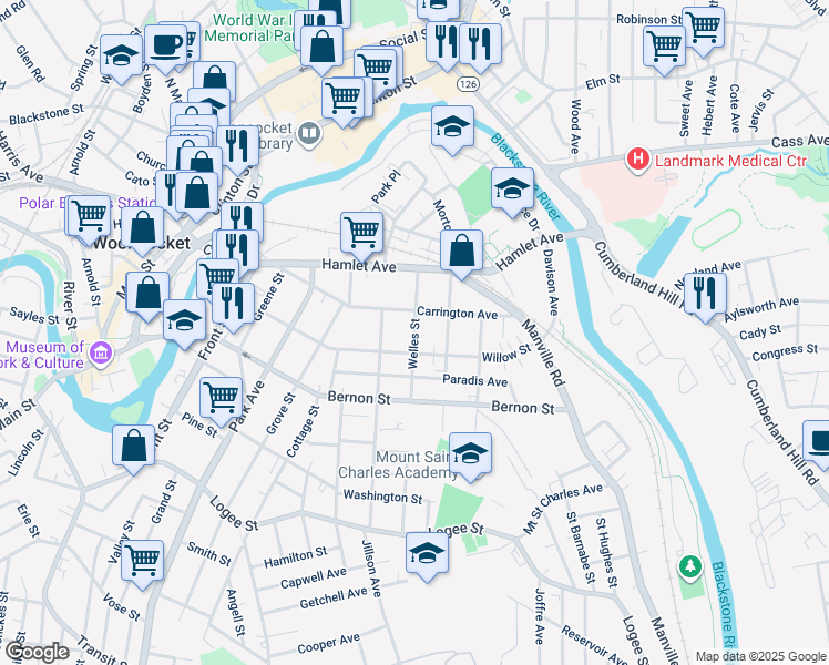map of restaurants, bars, coffee shops, grocery stores, and more near 384 Willow Street in Woonsocket