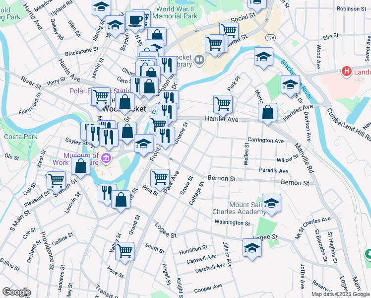 map of restaurants, bars, coffee shops, grocery stores, and more near 183 Park Avenue in Woonsocket