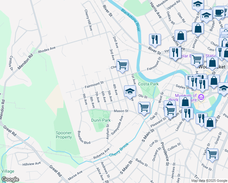 map of restaurants, bars, coffee shops, grocery stores, and more near 131 5th Avenue in Woonsocket