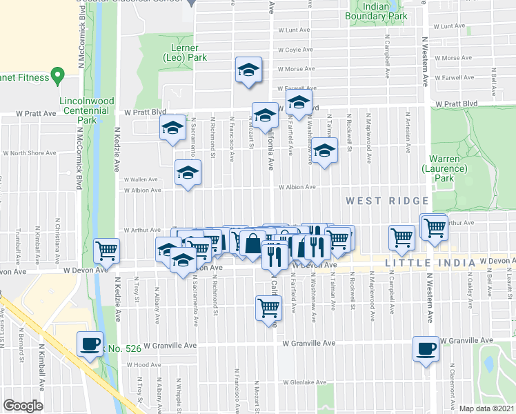 map of restaurants, bars, coffee shops, grocery stores, and more near 6519 North Mozart Street in Chicago