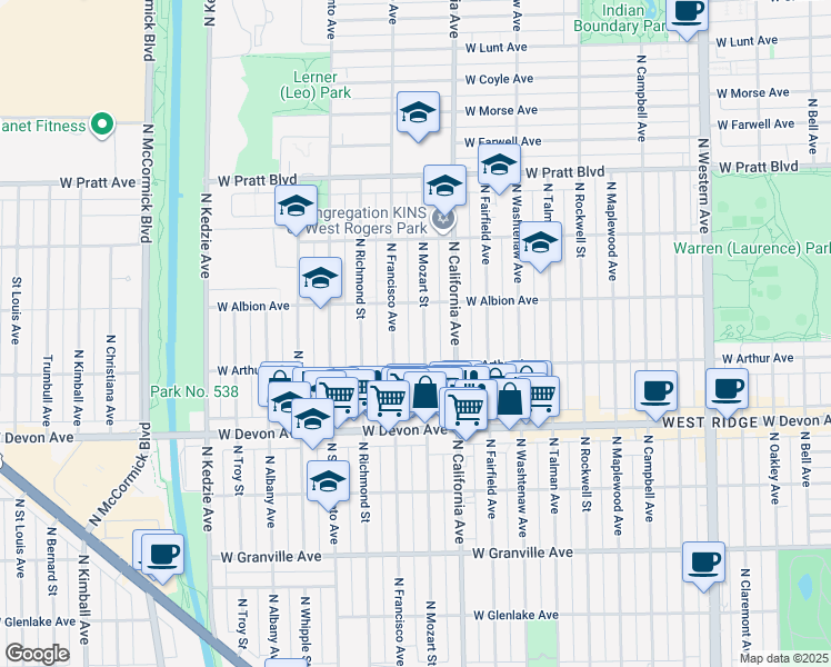 map of restaurants, bars, coffee shops, grocery stores, and more near 6521 North Francisco Avenue in Chicago
