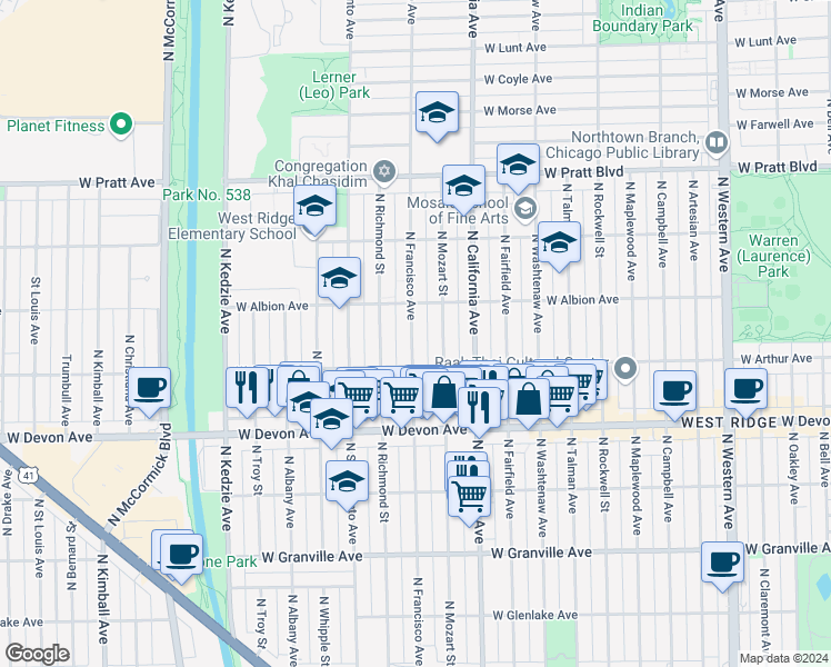 map of restaurants, bars, coffee shops, grocery stores, and more near 6521 North Francisco Avenue in Chicago