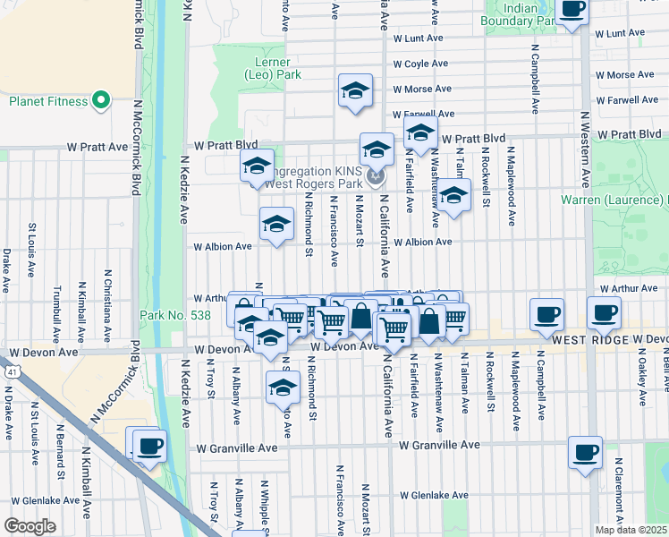 map of restaurants, bars, coffee shops, grocery stores, and more near 6521 North Francisco Avenue in Chicago