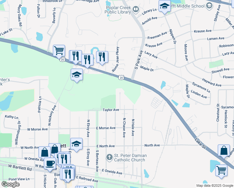 map of restaurants, bars, coffee shops, grocery stores, and more near 276 Wayne Court in Bartlett