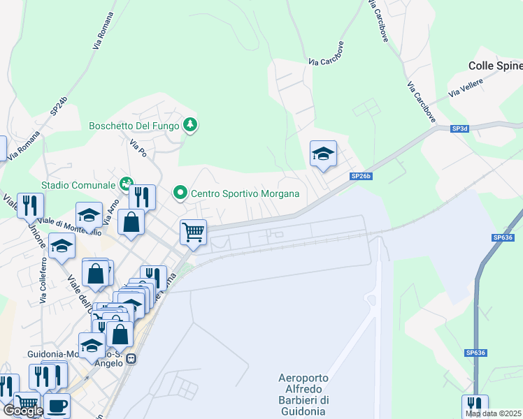map of restaurants, bars, coffee shops, grocery stores, and more near 11 Via N. Paganini in Guidonia Montecelio