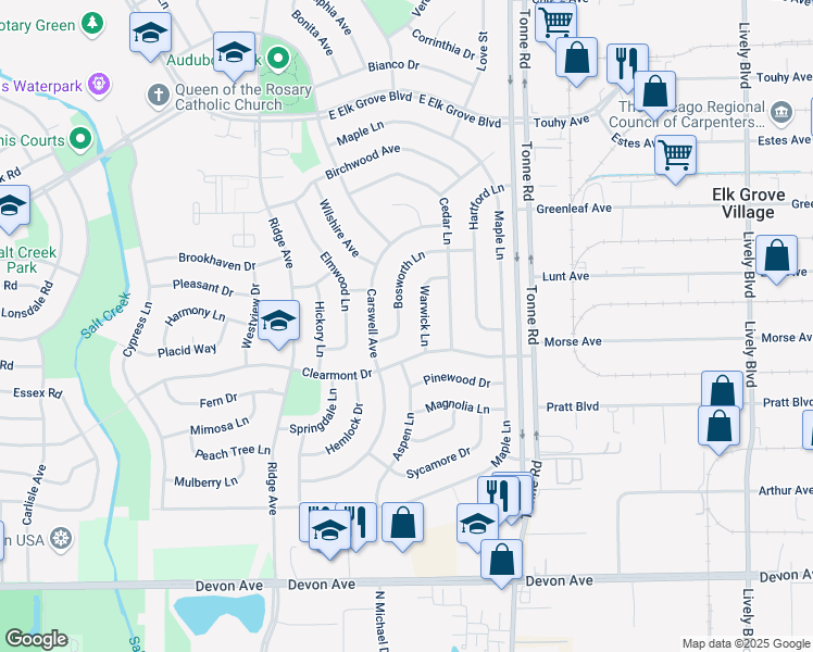 map of restaurants, bars, coffee shops, grocery stores, and more near 1193 Bosworth Lane in Elk Grove Village