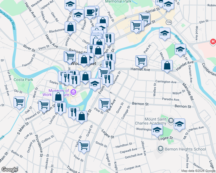 map of restaurants, bars, coffee shops, grocery stores, and more near 159 Greene Street in Woonsocket