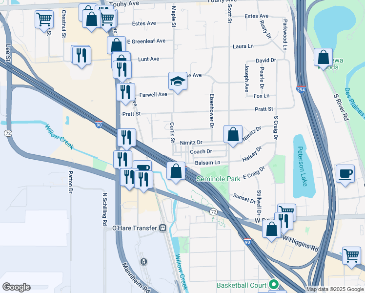 map of restaurants, bars, coffee shops, grocery stores, and more near 2993 Curtis Street in Des Plaines