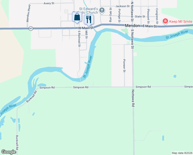 map of restaurants, bars, coffee shops, grocery stores, and more near 25660 Simpson Road in Mendon