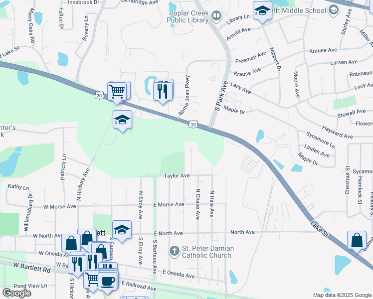 map of restaurants, bars, coffee shops, grocery stores, and more near 276 Wayne Court in Bartlett