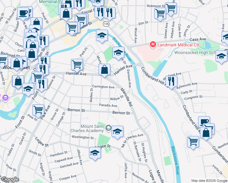map of restaurants, bars, coffee shops, grocery stores, and more near 27 Montcalm Street in Woonsocket