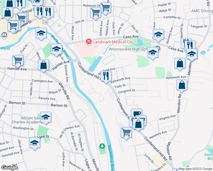 map of restaurants, bars, coffee shops, grocery stores, and more near 405 Cumberland Hill Road in Woonsocket