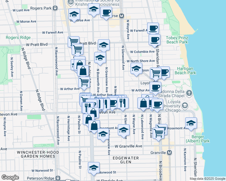 map of restaurants, bars, coffee shops, grocery stores, and more near 1447 West Arthur Avenue in Chicago