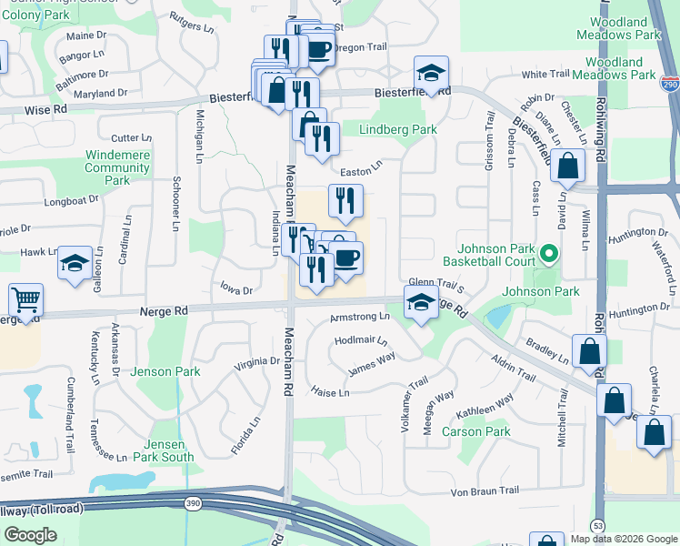 map of restaurants, bars, coffee shops, grocery stores, and more near 901 Meacham Rd in Elk Grove Village
