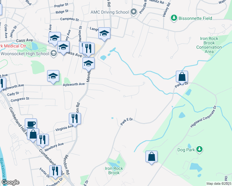 map of restaurants, bars, coffee shops, grocery stores, and more near 215 Manila Avenue in Woonsocket