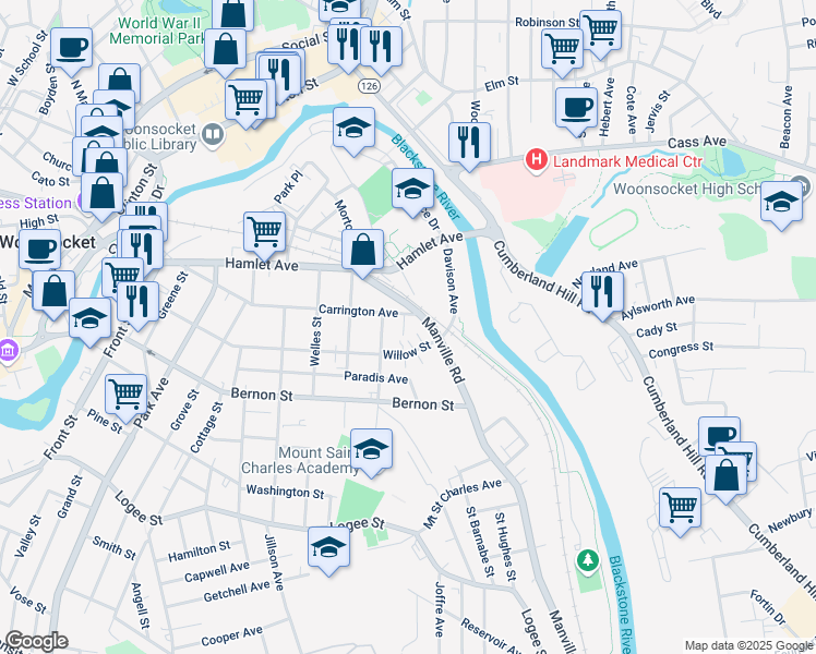 map of restaurants, bars, coffee shops, grocery stores, and more near 558 Willow Street in Woonsocket