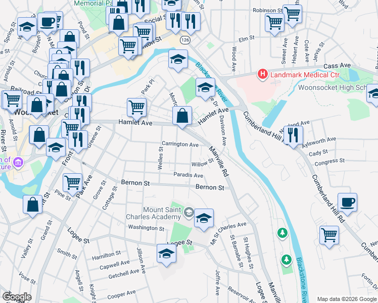 map of restaurants, bars, coffee shops, grocery stores, and more near 61 Roberts Street in Woonsocket