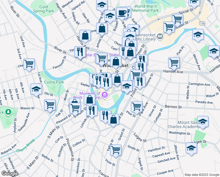 map of restaurants, bars, coffee shops, grocery stores, and more near 90 Bernon Street in Woonsocket