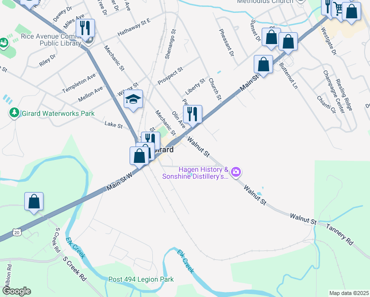 map of restaurants, bars, coffee shops, grocery stores, and more near 21 S Park Row in Girard