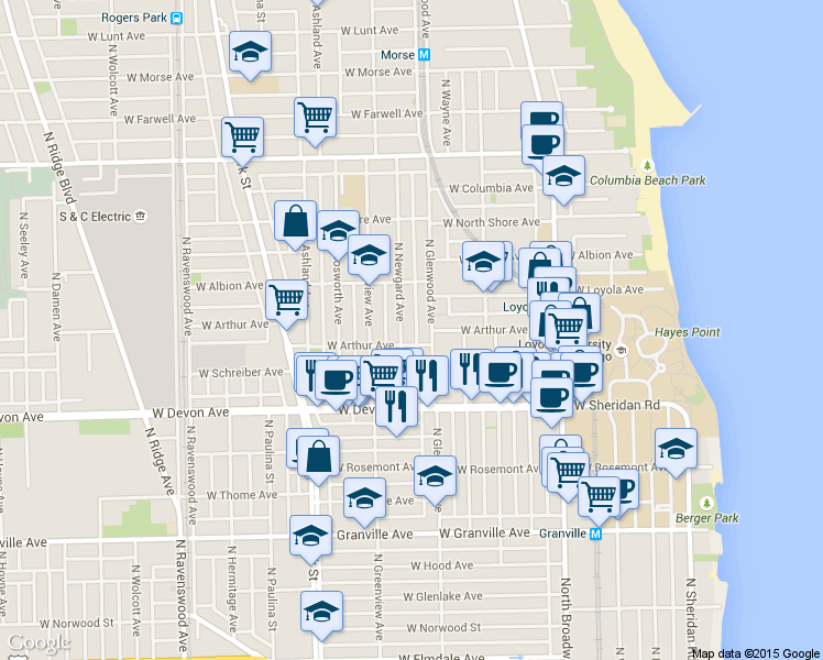 map of restaurants, bars, coffee shops, grocery stores, and more near 6504 North Glenwood Avenue in Chicago