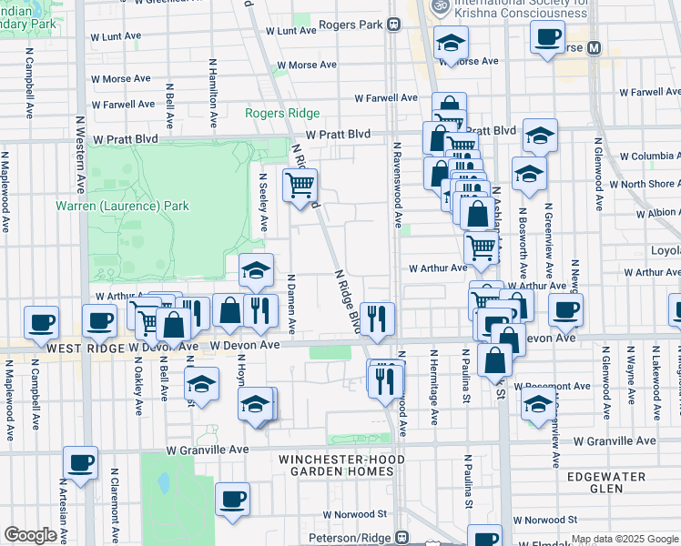 map of restaurants, bars, coffee shops, grocery stores, and more near 6500 North Ridge Boulevard in Chicago