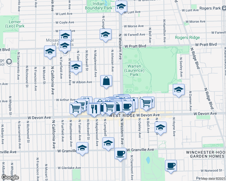 map of restaurants, bars, coffee shops, grocery stores, and more near 6512 North Artesian Avenue in Chicago