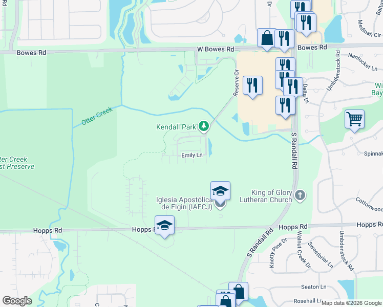 map of restaurants, bars, coffee shops, grocery stores, and more near 2465 Emily Lane in Elgin