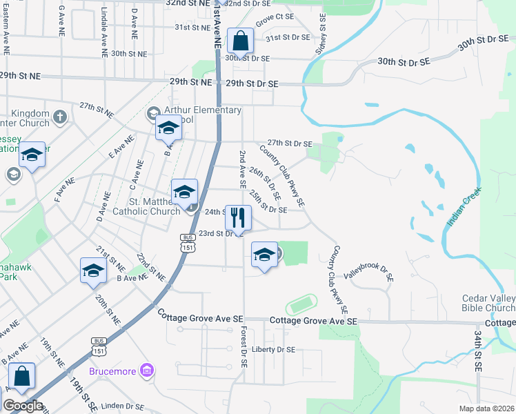 map of restaurants, bars, coffee shops, grocery stores, and more near 245 25th Street Drive Southeast in Cedar Rapids