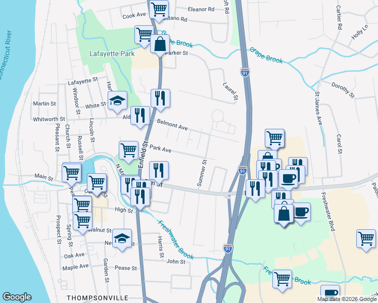 map of restaurants, bars, coffee shops, grocery stores, and more near 88 Park Avenue in Enfield