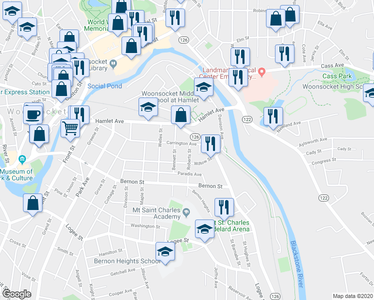 map of restaurants, bars, coffee shops, grocery stores, and more near 25 Roberts Street in Woonsocket