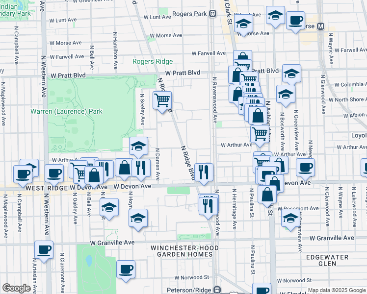 map of restaurants, bars, coffee shops, grocery stores, and more near 6467 North Ridge Boulevard in Chicago