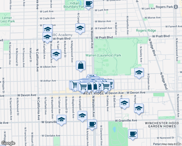 map of restaurants, bars, coffee shops, grocery stores, and more near 6509 North Western Avenue in Chicago