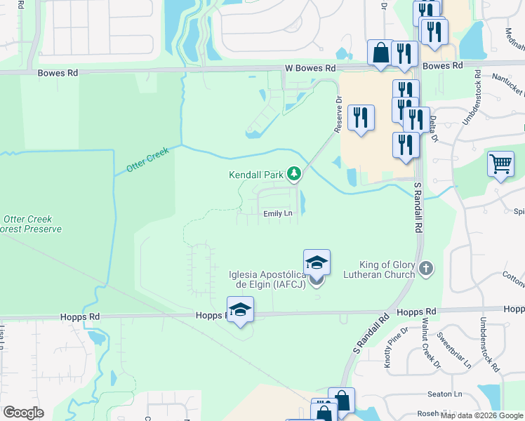map of restaurants, bars, coffee shops, grocery stores, and more near 2486 Emily Lane in Elgin