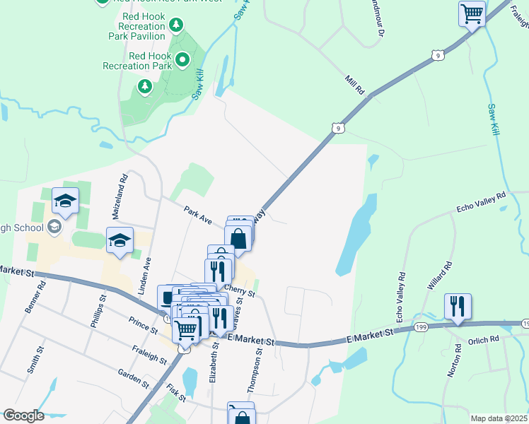 map of restaurants, bars, coffee shops, grocery stores, and more near 7583 North Broadway in Red Hook