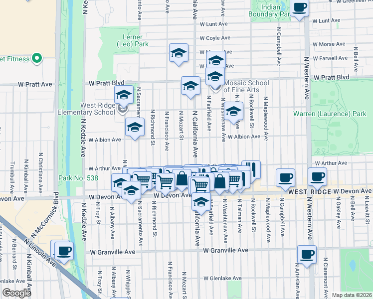 map of restaurants, bars, coffee shops, grocery stores, and more near 6519 North Mozart Street in Chicago
