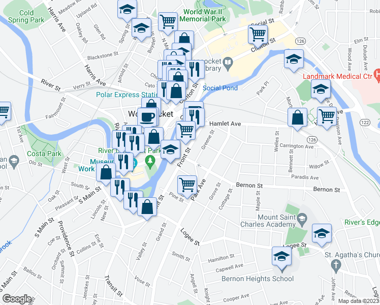 map of restaurants, bars, coffee shops, grocery stores, and more near 171 Greene Street in Woonsocket