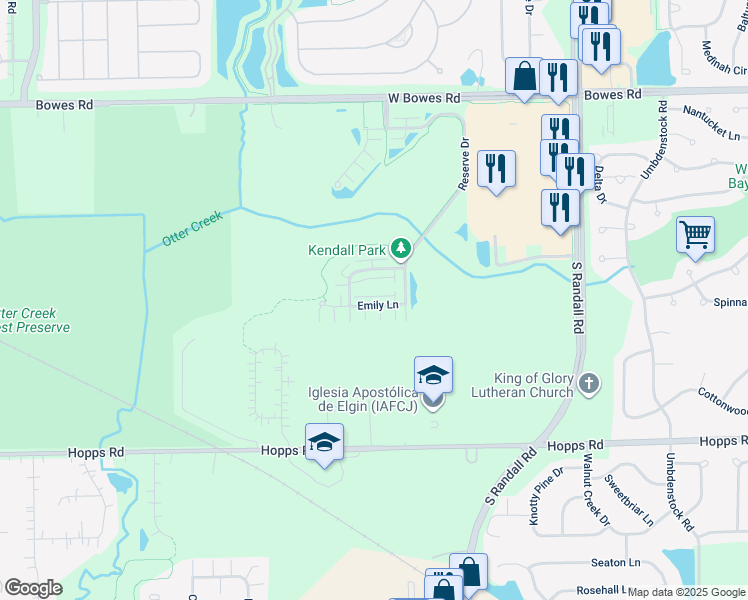 map of restaurants, bars, coffee shops, grocery stores, and more near 2452 Emily Lane in Elgin