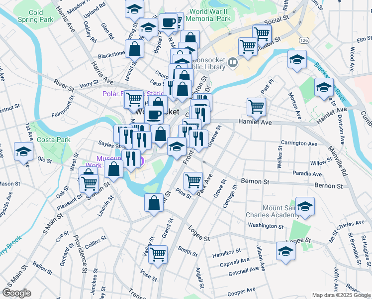 map of restaurants, bars, coffee shops, grocery stores, and more near in Woonsocket