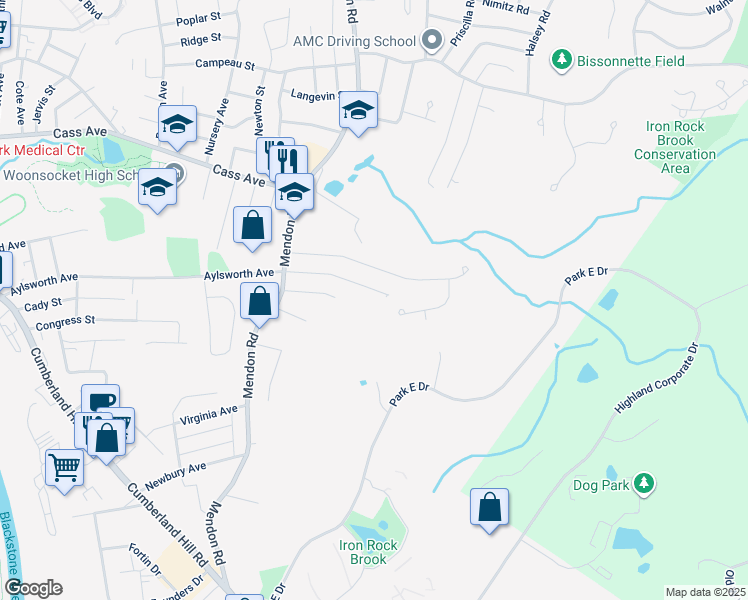 map of restaurants, bars, coffee shops, grocery stores, and more near 215 Manila Avenue in Woonsocket