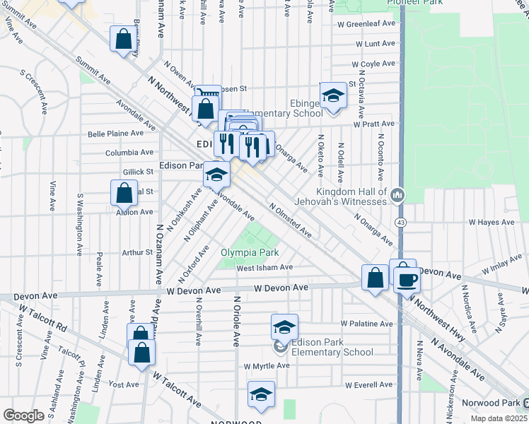 map of restaurants, bars, coffee shops, grocery stores, and more near 6553 North Avondale Avenue in Chicago