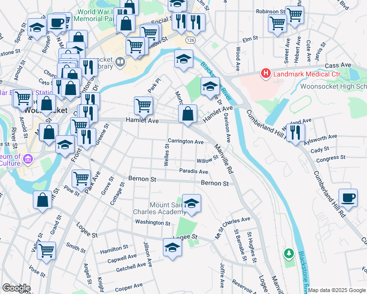 map of restaurants, bars, coffee shops, grocery stores, and more near 113 Bennett Street in Woonsocket