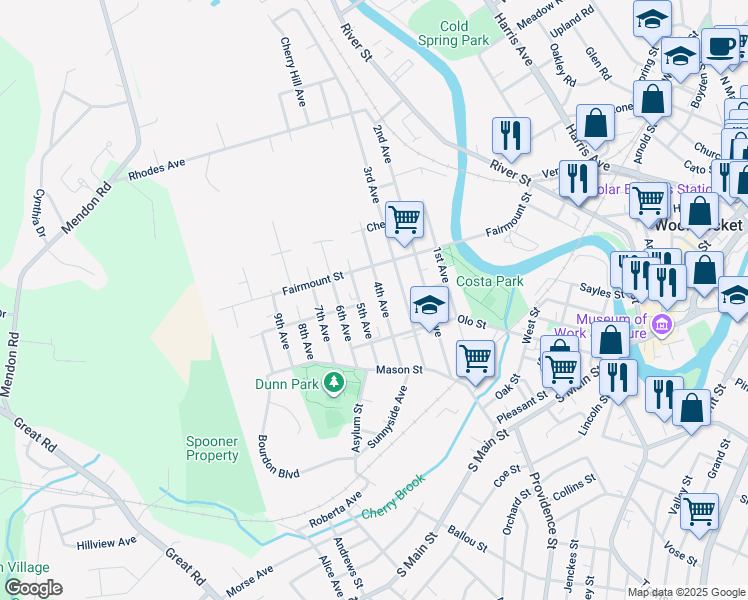 map of restaurants, bars, coffee shops, grocery stores, and more near 170 4th Avenue in Woonsocket
