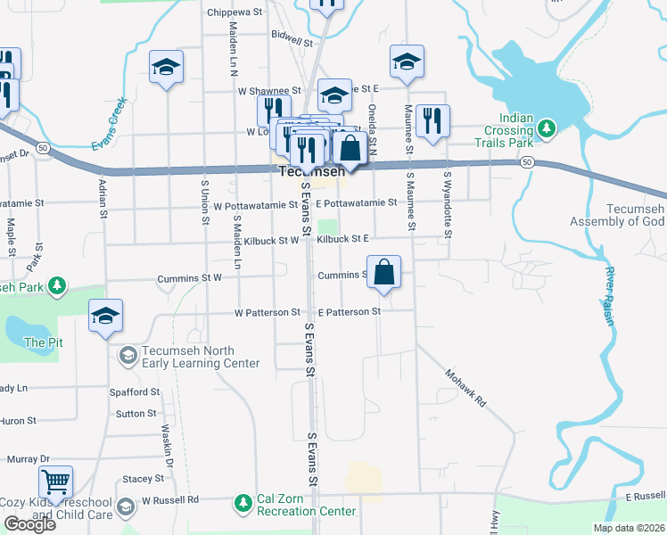 map of restaurants, bars, coffee shops, grocery stores, and more near 317 South Ottawa Street in Tecumseh
