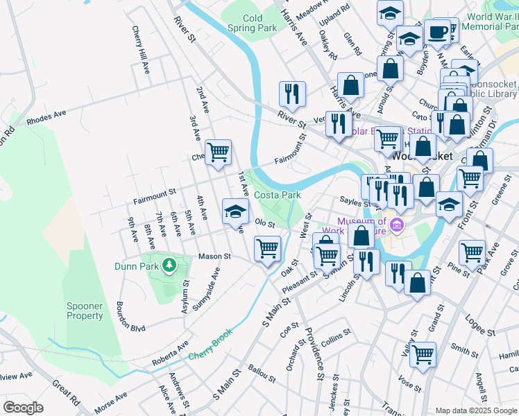 map of restaurants, bars, coffee shops, grocery stores, and more near 35 1st Avenue in Woonsocket
