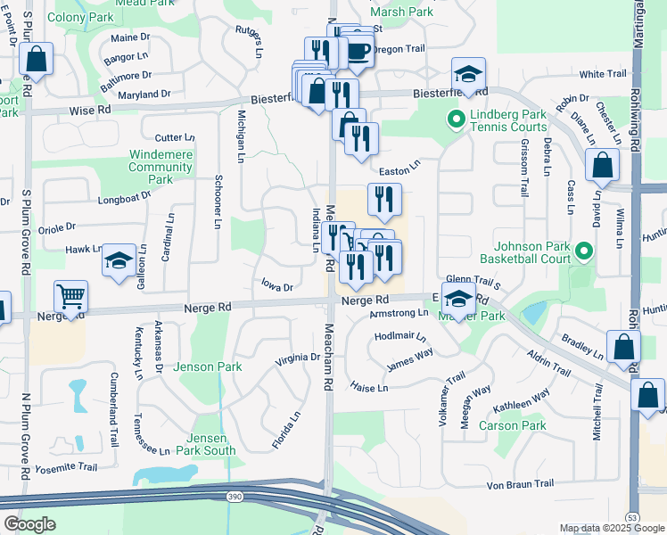 map of restaurants, bars, coffee shops, grocery stores, and more near 901 South Meacham Road in Elk Grove Village