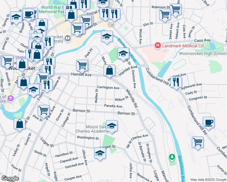 map of restaurants, bars, coffee shops, grocery stores, and more near 61 Roberts Street in Woonsocket